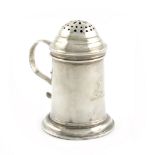 An 18th century Irish silver kitchen pepper, marked only with a harp mark, cylindrical form,