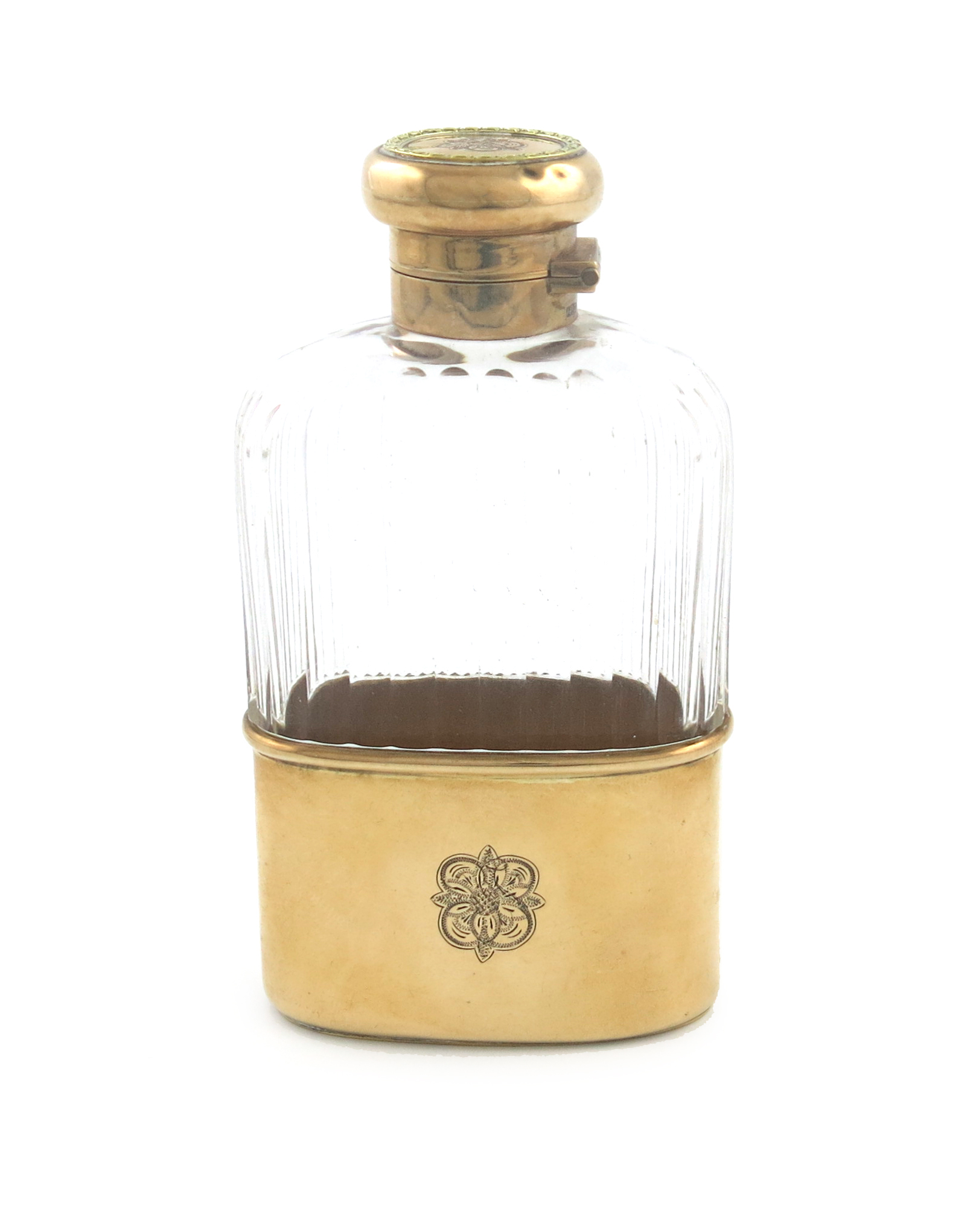 A 9-carat gold-mounted and glass spirit flask, by Asprey and Co., London 1916, rounded rectangular