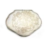 A mid-18th century silver and mother-of-pearl snuff box, unmarked, cartouche form, the hinged