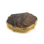 An 18th century gilt-metal mounted agate snuff box, unmarked circa 1760, cartouche form, the body