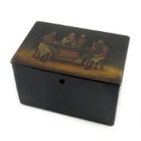 A 19th century Russian lacquered tea caddy, rectangular form, the hinged cover with a scene of two