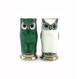 A pair of Norwegian silver-gilt and enamel novelty owl pepper pots, by David Andersen, modelled in