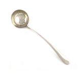 A silver Hanoverian pattern soup ladle, by Elkington and Co, Birmingham 1916, the terminal with