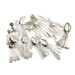 A collection of silver flatware, various dates and makers, comprising: a part canteen of Fiddle