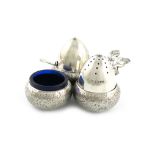 A Victorian novelty silver cruet set, by Rupert Favell, London 1886 modelled as three conjoined