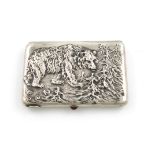 A Russian silver cigarette case, Moscow 1908-1926, rectangular form, the front embossed with a