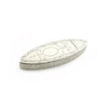 A George III silver toothpick box, unmarked circa 1790, oval navette form, bright-cut decoration,