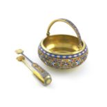 A Russian silver-gilt and enamel swing-handled basket and sugar tongs, by Ivan Saltykov, Moscow