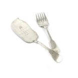 A Victorian silver Fiddle pattern fish slice and serving fork, the slice by H. Atkins, Sheffield