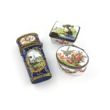 A George III Bilston enamel etui, tapering ovoid form, one side decorated with fishermen, the