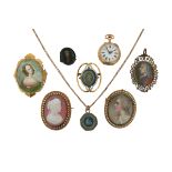A collection of portrait miniatures, including an octagonal Jasperware double sided cameo pendant