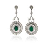 A pair of chalcedony and diamond drop earrings, each openwork section set with an oval-shaped