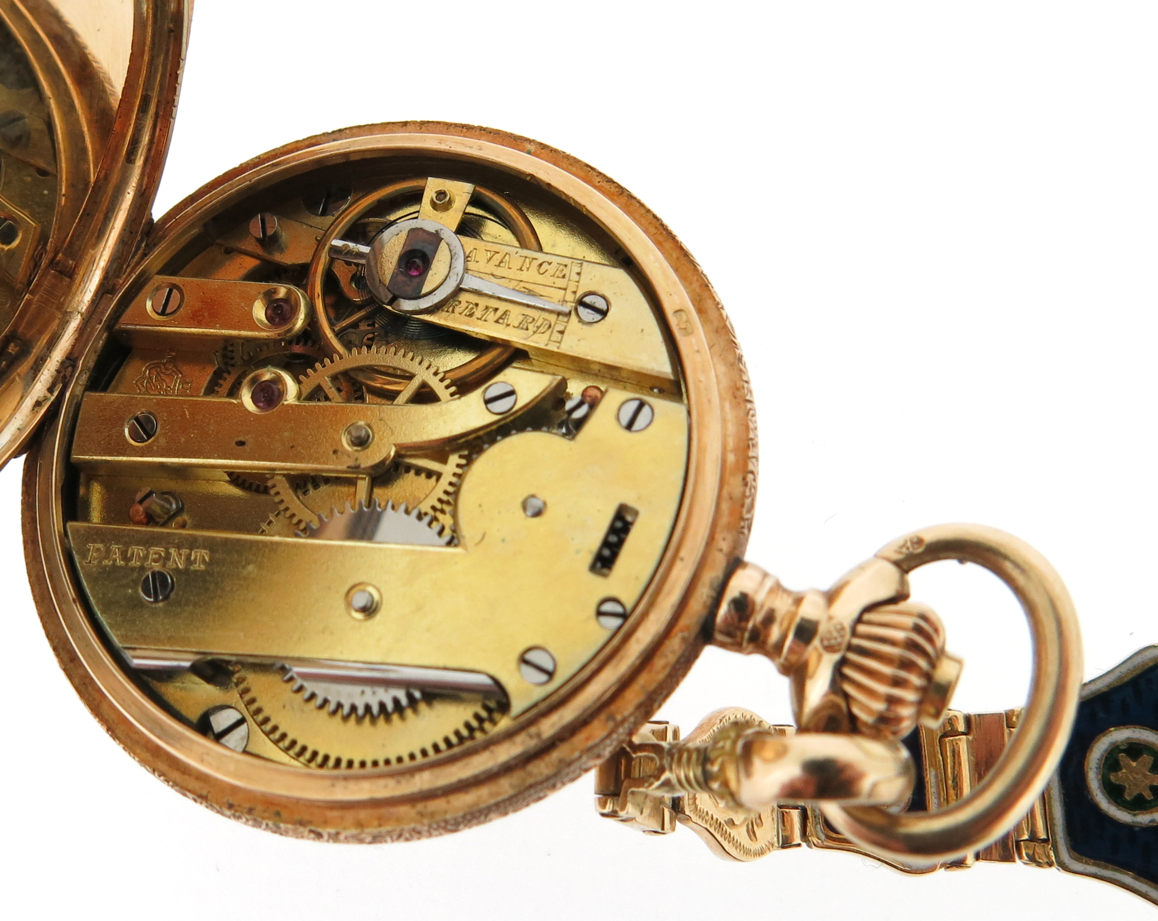 An early 20th century moss agate and gold fob watch, on platinum watch chain, with a lady's gold fob - Image 10 of 20