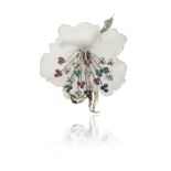 A rock crystal and gem-set foliate brooch, designed as carved flowers, the stamens set with clusters