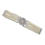 A lady's cultured pearl and diamond wristwatch by Longines, the central panel set overall with