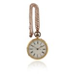 An 18ct gold pocket watch with stem wind, Roman numerals to the white dial, numbered 49799, on 9ct