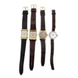 Four gold wristwatches by Longines, manual movements, gold cases, on leather bands, two Longines