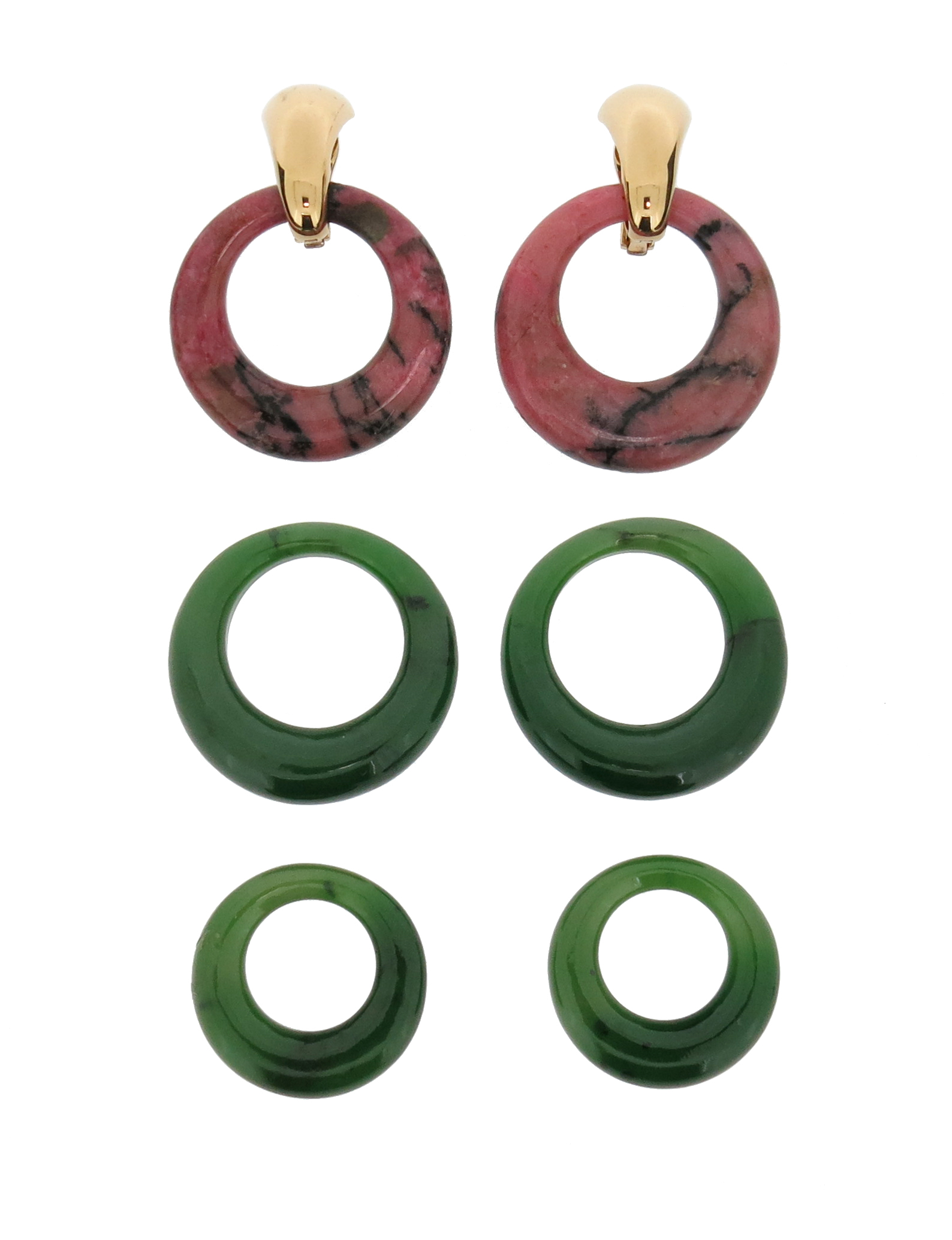 A pair of yellow gold earrings, opening to suspend interchangeable nephrite and rhodonite hoops,