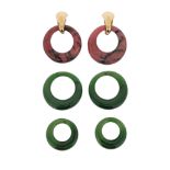 A pair of yellow gold earrings, opening to suspend interchangeable nephrite and rhodonite hoops,