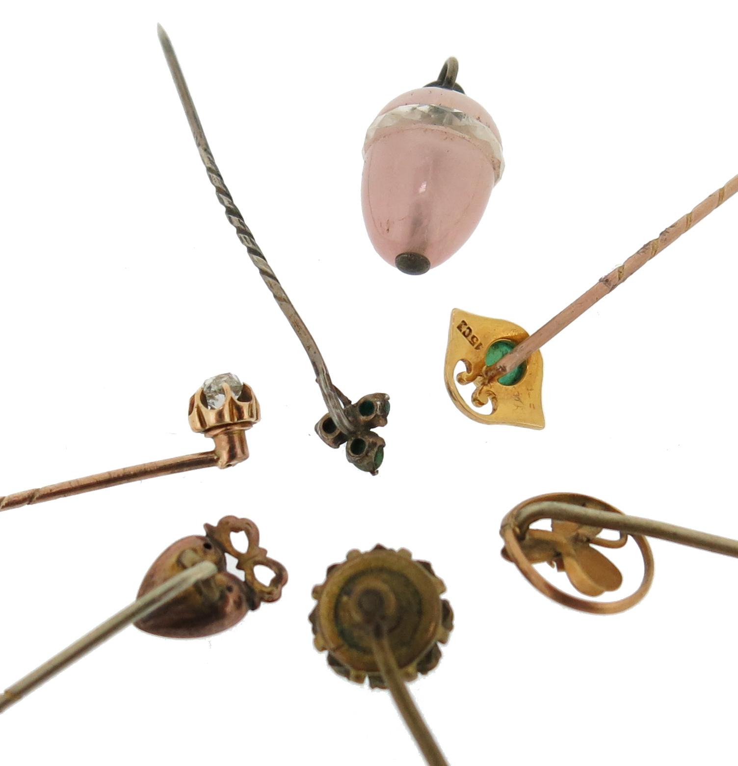 A collection of thirty two stickpins, and a rose quartz egg pendant - Image 2 of 8