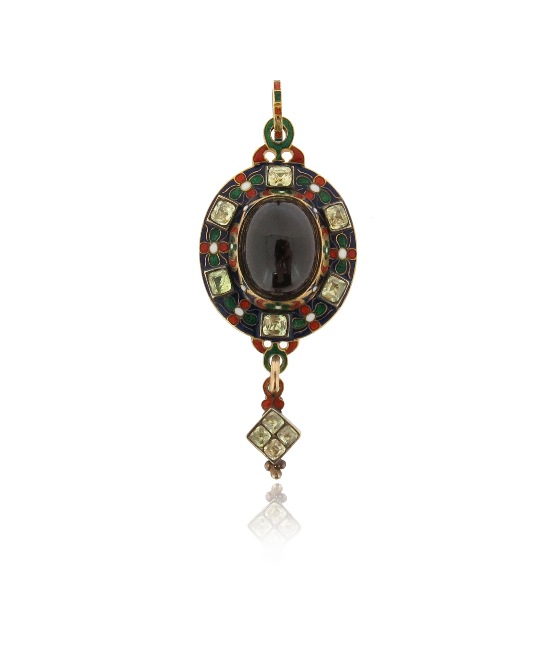 A gem-set and enamel Holbeinesque pendant, set with a central oval ...