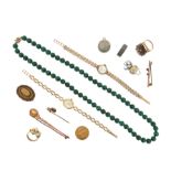 A quantity of jewellery, including a smoky quartz-set gold ring, a pink stone and seed pearl-set