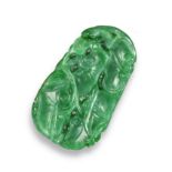 A carved jade plaque, the green jadeite jade with carved foliate decoration and pierced pendant