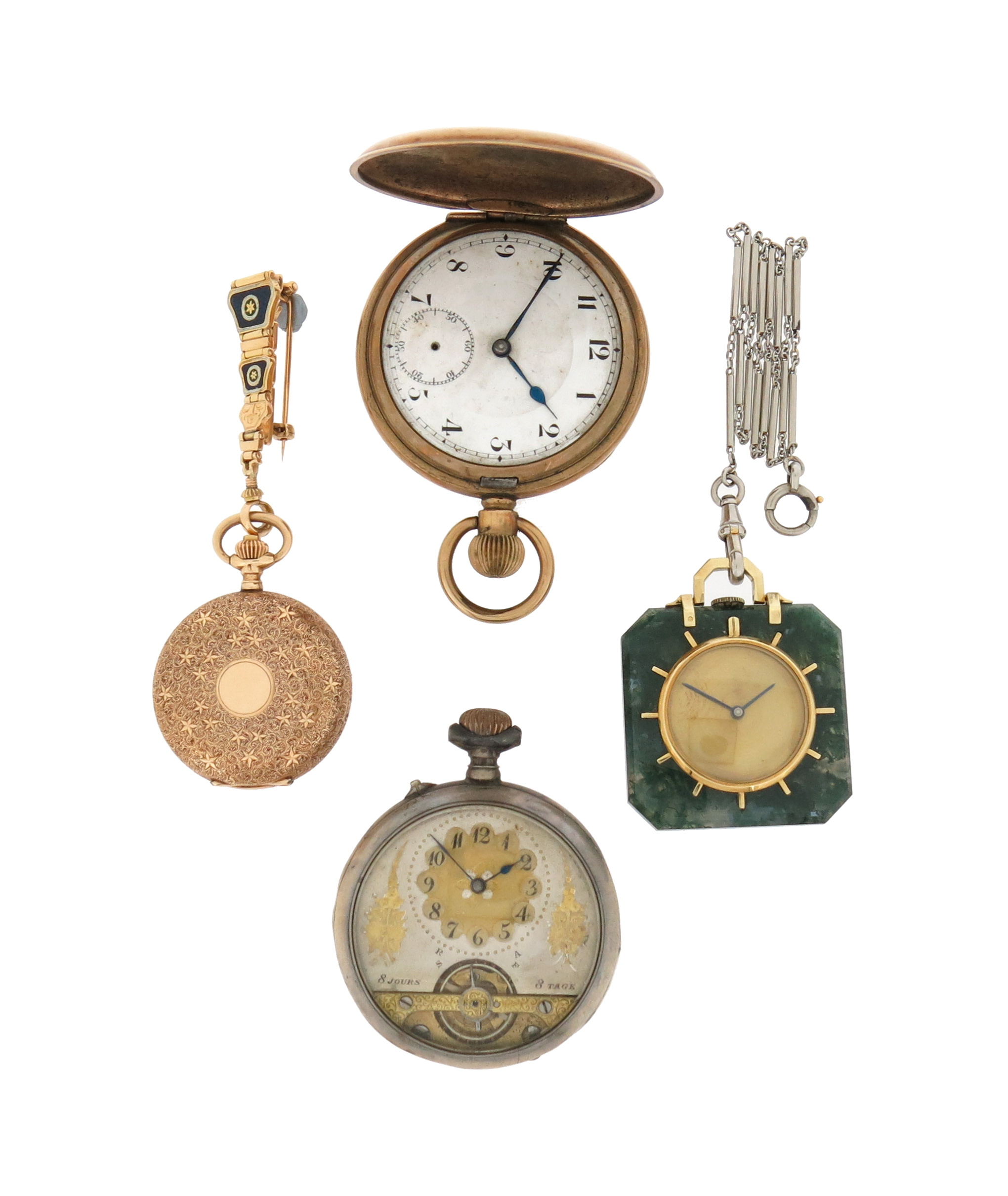 An early 20th century moss agate and gold fob watch, on platinum watch chain, with a lady's gold fob