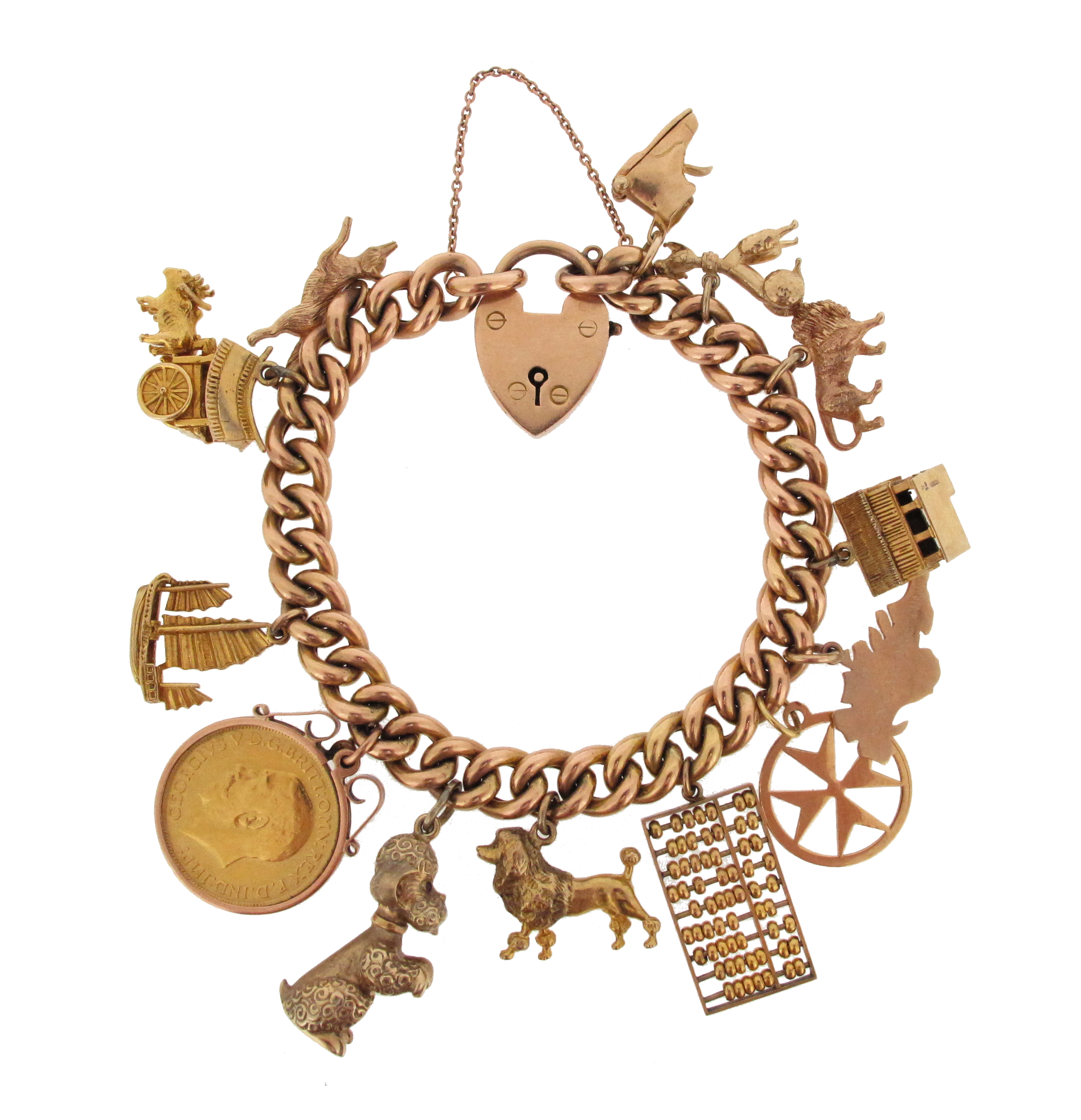 A gold charm bracelet, the curb-link bracelet suspends thirteen assorted gold charms, with a heart- - Image 2 of 6