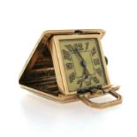 A 9ct gold travel clock, the square-shaped case with engraved decoration opens to reveal a square-