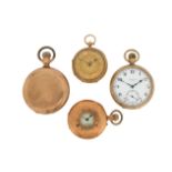 A 9ct gold pocket watch by J.W.Benson, on 9ct gold chain, two lady's gold fob watches, a pocket