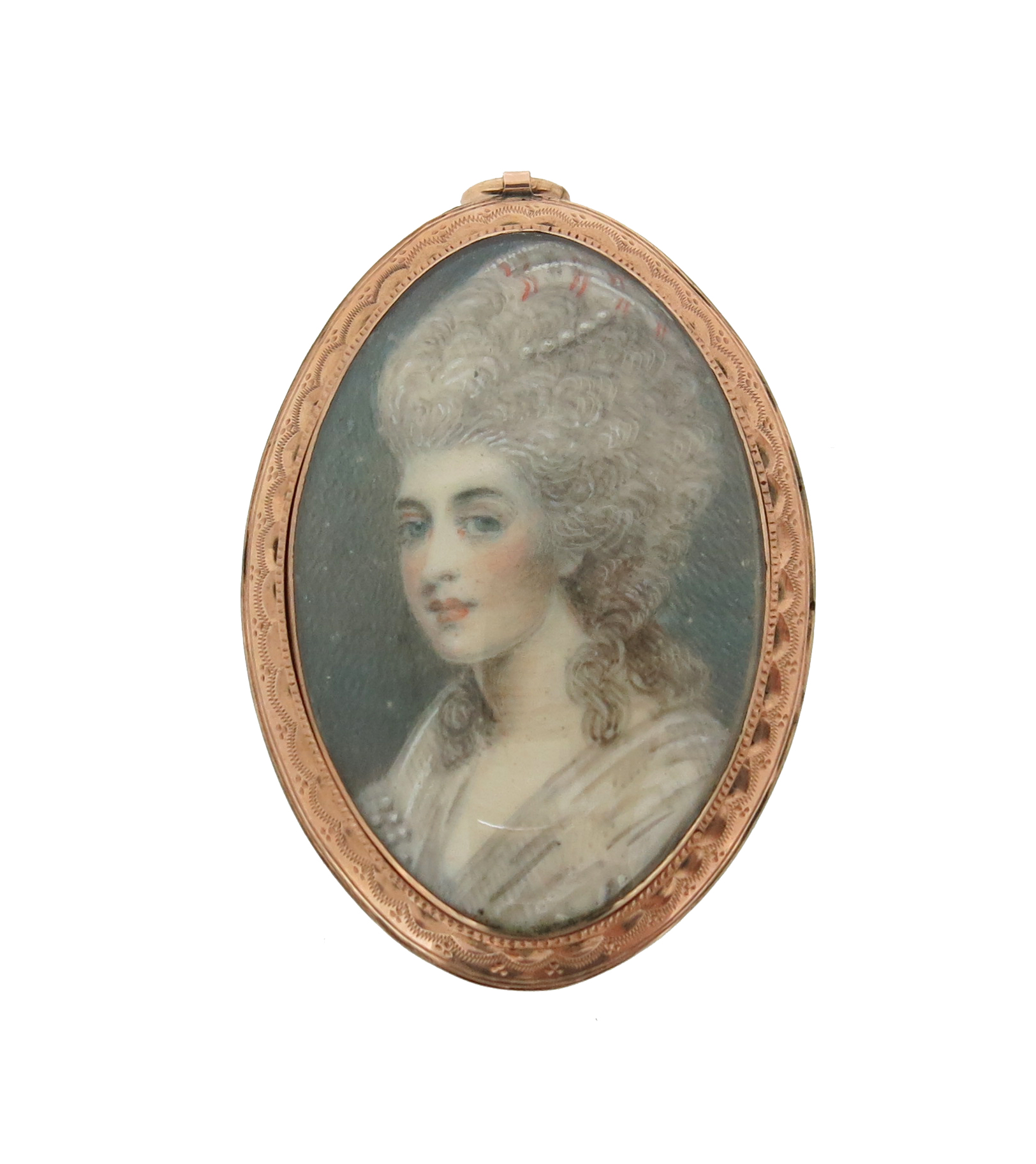 A George III portrait miniature pendant, depicting a woman in profile, within engine-turned gold - Image 2 of 3