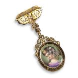 A 19th century gold and enamel fob watch, the outer case decorated with the portrait of a lady,