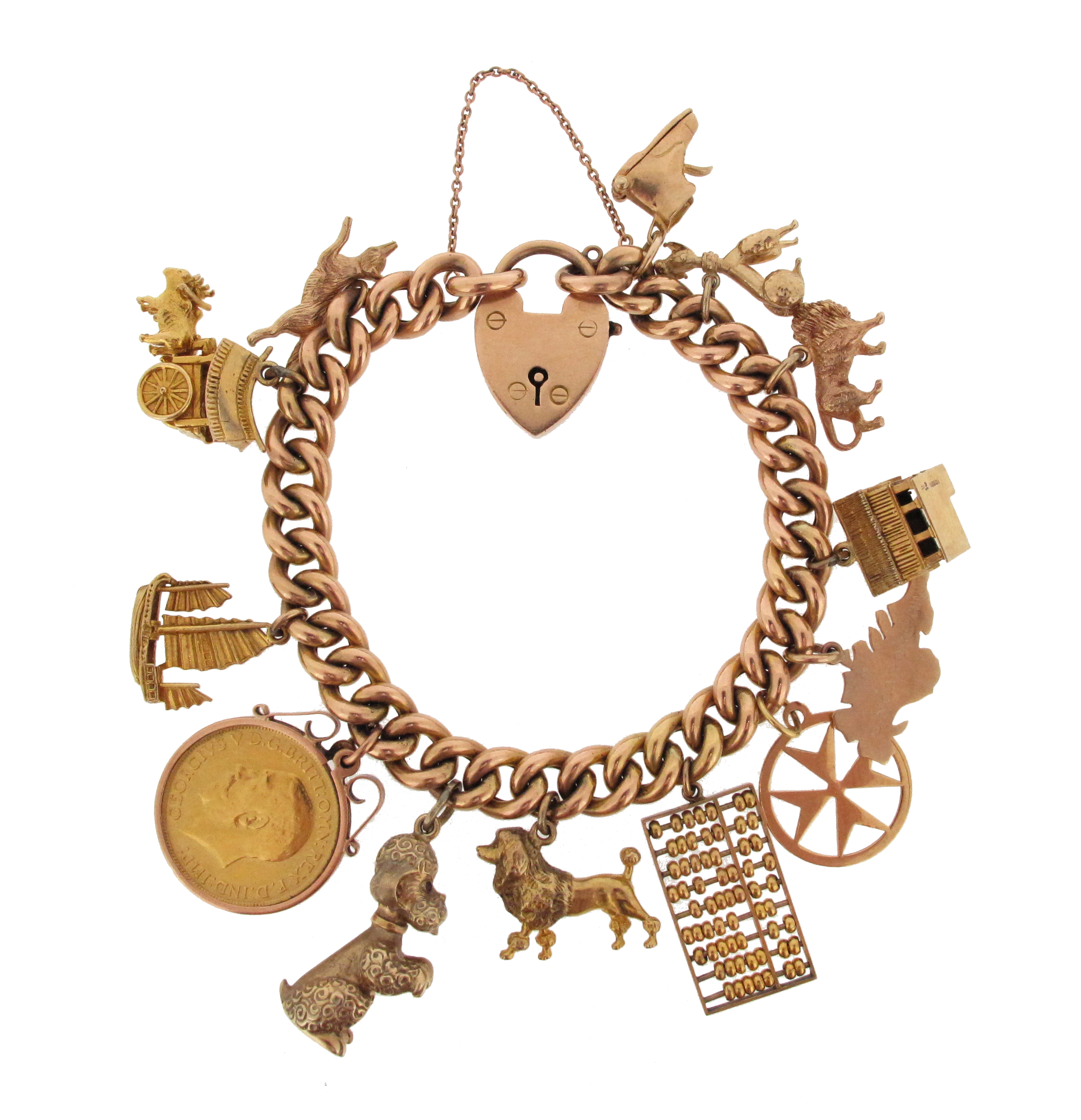 A gold charm bracelet, the curb-link bracelet suspends thirteen assorted gold charms, with a heart-