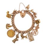 A gold charm bracelet, the curb-link bracelet suspends thirteen assorted gold charms, with a heart-