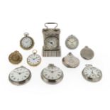 A collection of nine silver gold and base metal pocket watches and a desk clock