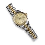 A lady's steel and gold Oyster Perpetual Date wristwatch by Rolex, signed gold dial with baton