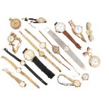 A lady's white gold wristwatch by Omega, with sixteen other gold and metal pocket watches and