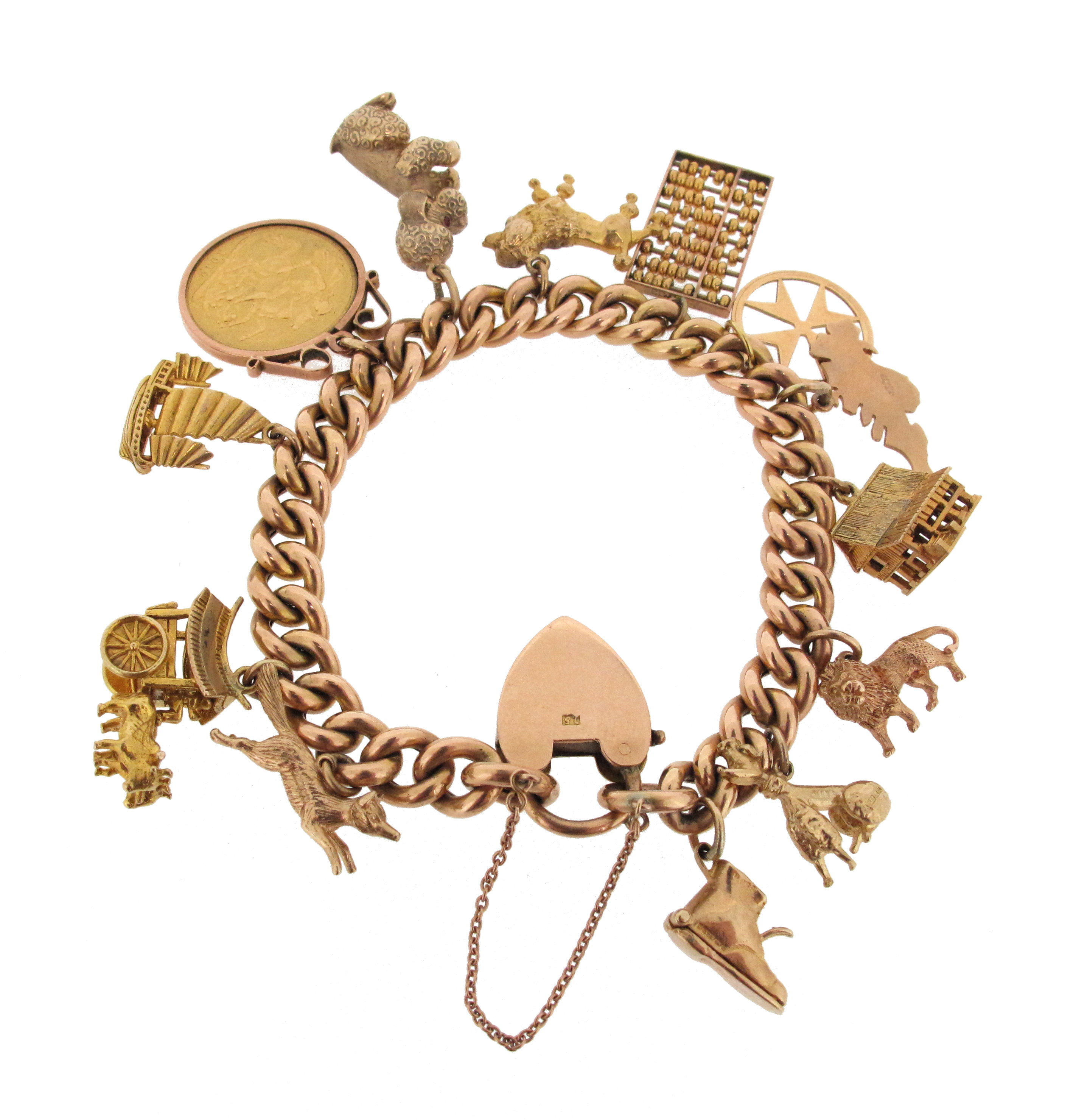 A gold charm bracelet, the curb-link bracelet suspends thirteen assorted gold charms, with a heart- - Image 3 of 6