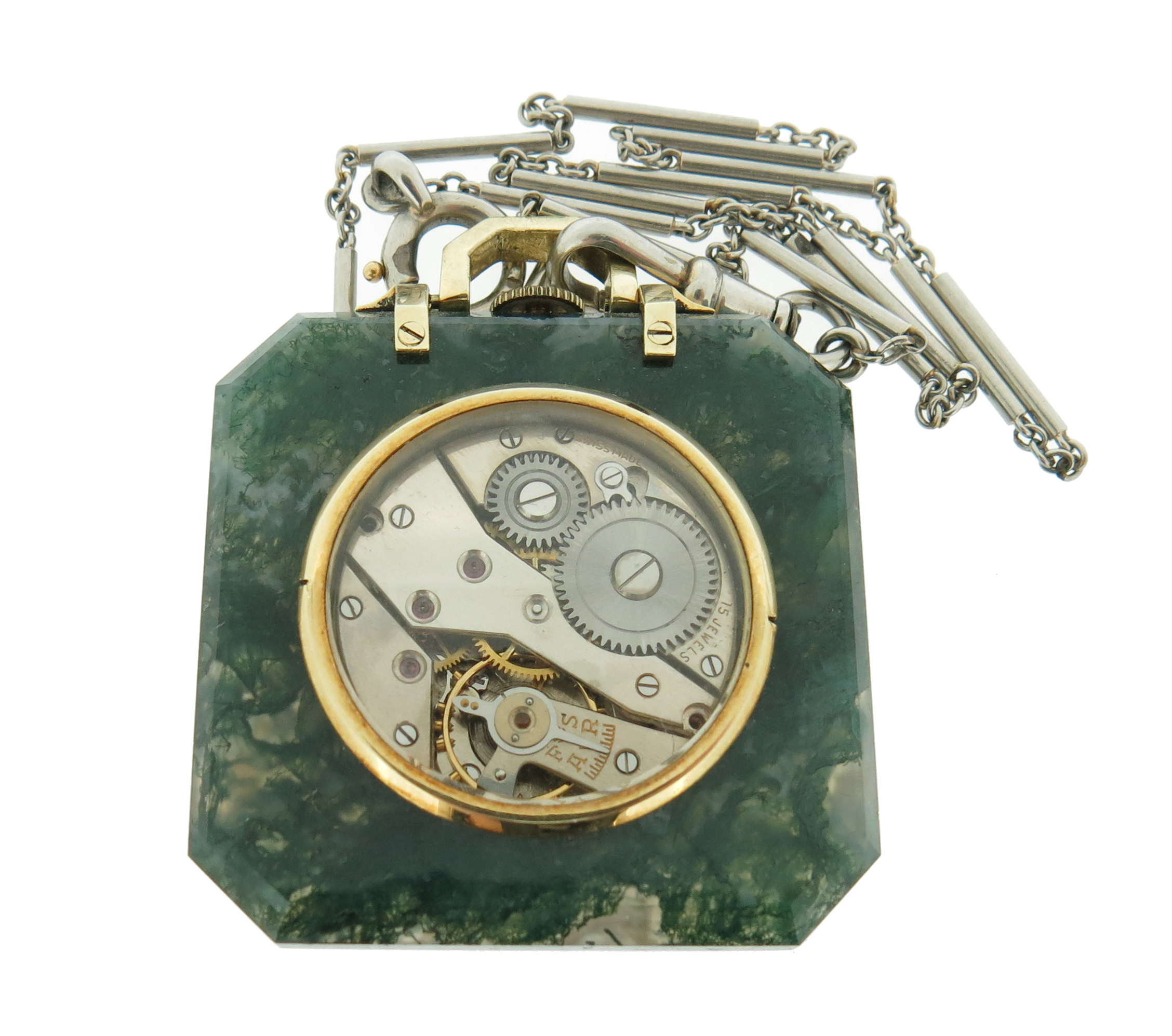 An early 20th century moss agate and gold fob watch, on platinum watch chain, with a lady's gold fob - Image 12 of 20