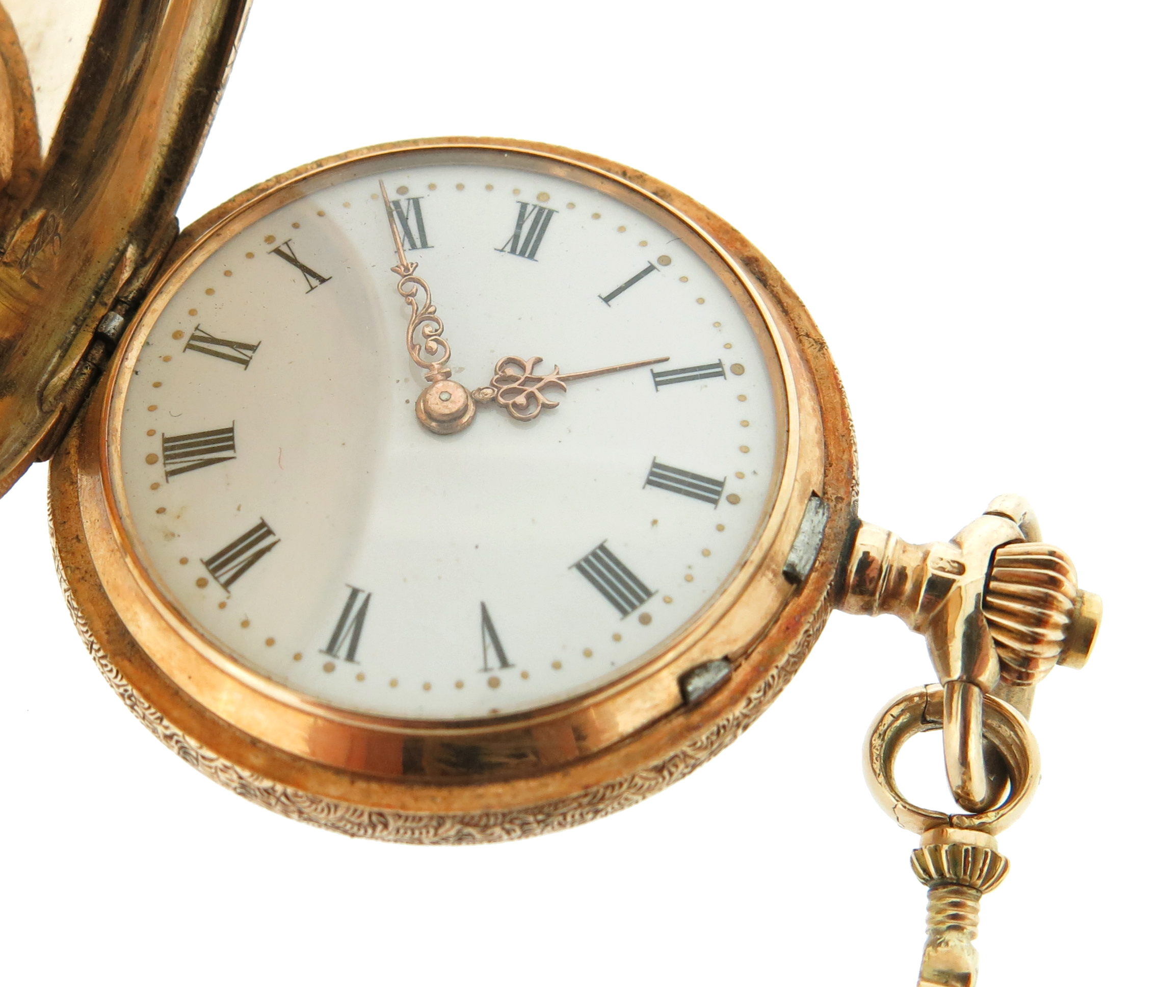 An early 20th century moss agate and gold fob watch, on platinum watch chain, with a lady's gold fob - Image 6 of 20