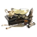 A mixed lot, comprising silver items: an early 18th century sugar caster, unmarked, baluster form,