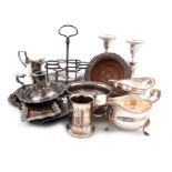 A collection of Old Sheffield plated and electroplated items, including: two three-bottle decanter