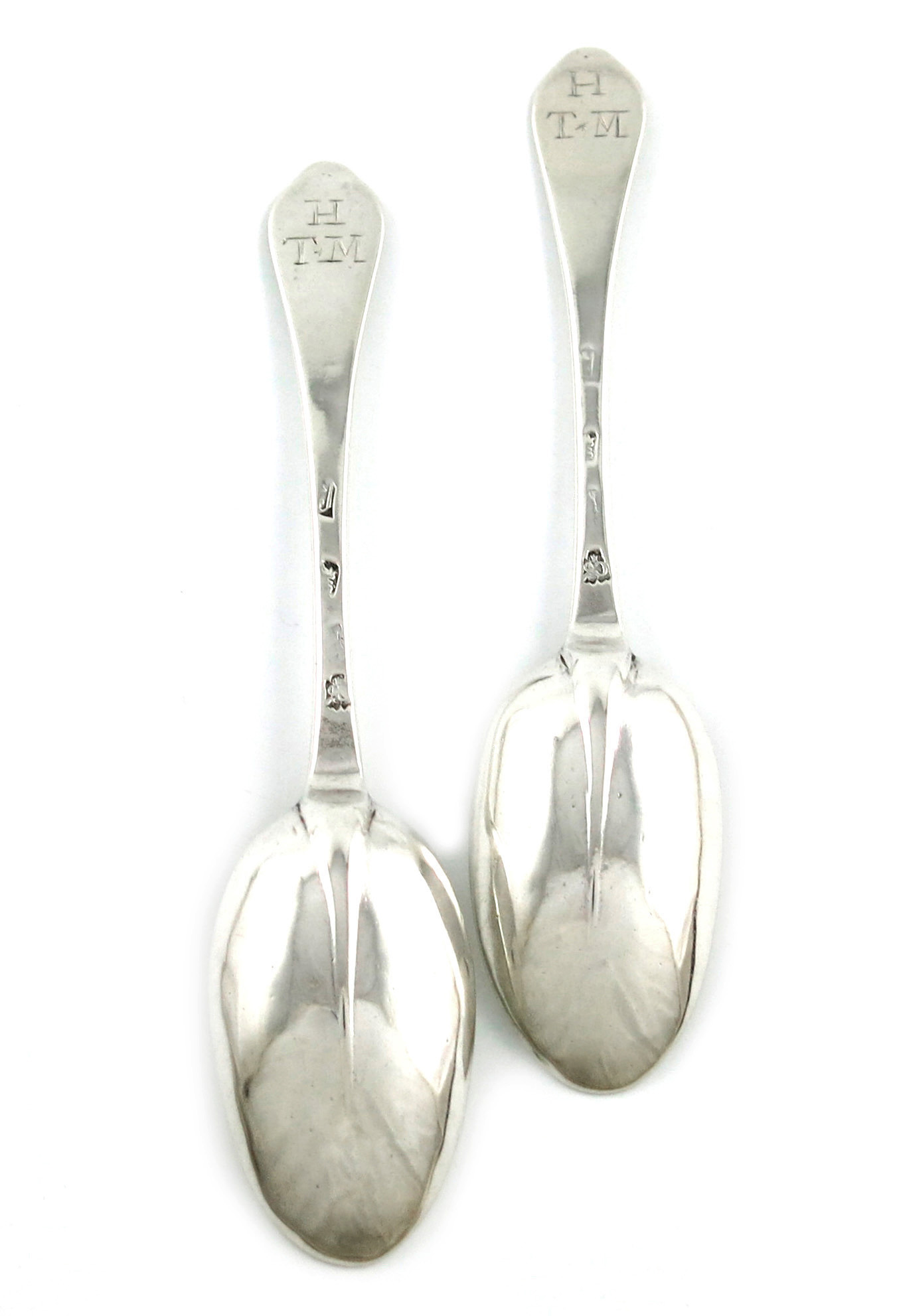 A pair of Queen Anne silver Dog-nose spoons, by George Cox, London 1705, the oval bowl with a