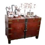 λA mixed lot of electroplated items, comprising: a pair of three-light candelabra, a four-piece