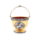 A Victorian parcel-gilt electro-type swing-handled sugar bowl, by Elkington and Co, 1875, circular