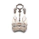 A Victorian electroplated two bottle frame, shaped oval form, pierced gallery, central carrying