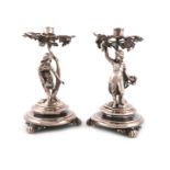 A pair of Victorian electroplated figural tazza bases, with a central vine support with pierced