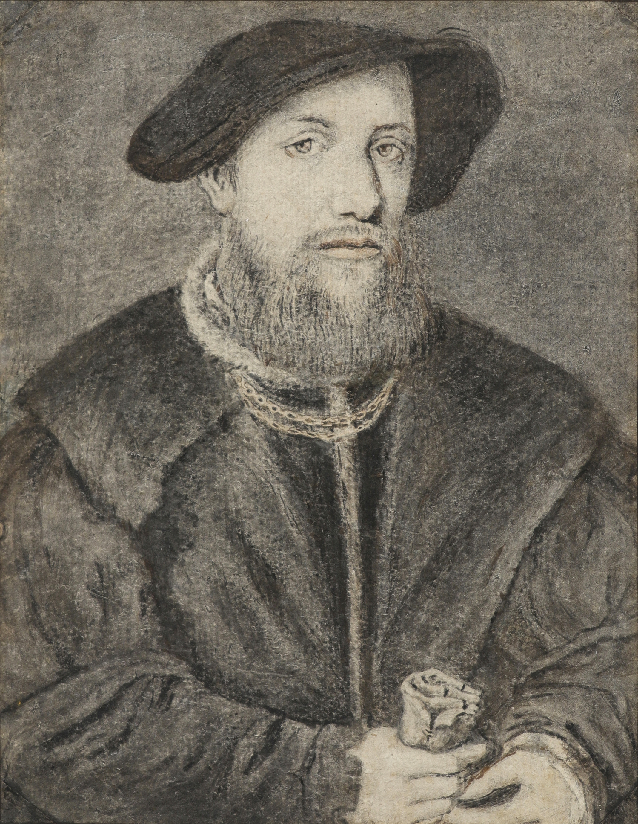 Manner of Jan Gossaert Portrait of a gentleman holding gloves Black and red chalk, pen and brown in,