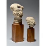 Two Veracruz head fragments Mexico clay, 12.5cm and 6cm high, mounted. (2)